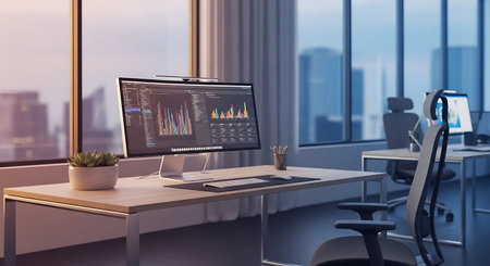 Workplace in modern office with computer and financial charts on screen. 3D Renderingの素材