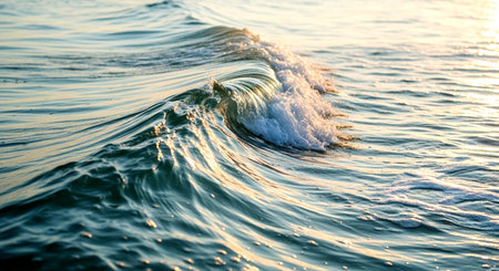 A breathtaking close-up of an ocean wave cresting, capturing the beautiful golden sunlight reflecting on the water's surface and frothy foam.の素材