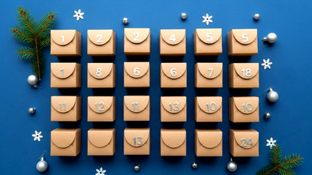 Top-down view of kraft paper advent calendar boxes with silver numbers, pine branches, and ornaments on a vibrant blue surface, perfect for holiday promotions and seasonal marketing.の素材