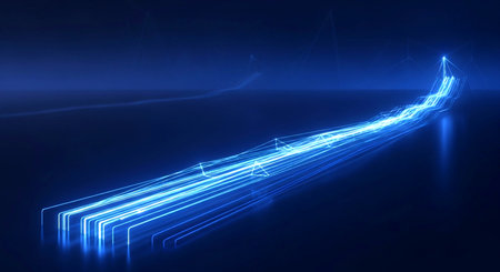 Dynamic abstract blue light stream forming an upward trajectory, symbolizing rapid data flow, technological progress, and significant business growth. Ideal for digital concepts.の素材