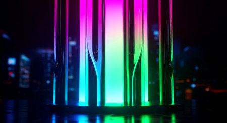 Dynamic abstract background featuring colorful vertical light bars reflecting on a surface, set against a blurred urban night scene. Perfect for technology, data, or futuristic design projects.の素材