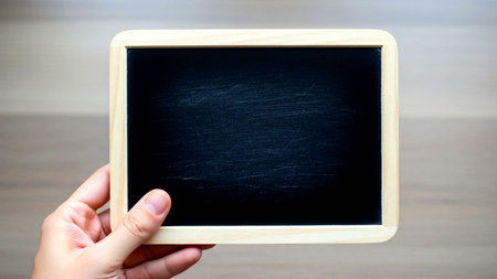 A close-up view of a hand holding an empty small chalkboard with a natural wooden frame. Perfect for custom text, messages, or educational concepts with copy space.の素材