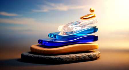 A visually captivating abstract representation featuring a stack of smoothly shaped elements, including stone, wood, glass, and a golden sphere, set against a serene sky. It symbolizes progress, stability, and harmonious development.の素材