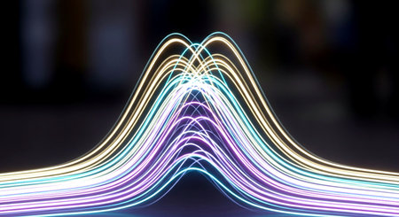 Dynamic abstract background with glowing, colorful wavy lines creating a futuristic digital data stream. Perfect for technology, science, and modern graphic design projects.の素材