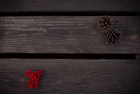 Red viburnum and pine cones on the wood floor with center free spaceの写真素材