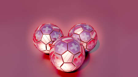 Three glowing, metallic soccer balls with flags of Austria and Switzerland. 3D render with reflections.の写真素材