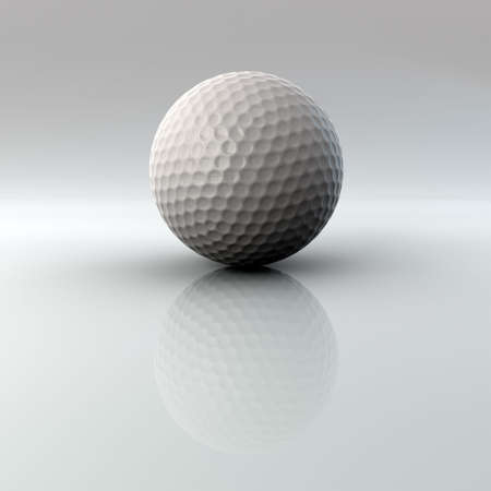 Golf ball closeup on bright surface with reflection. Very high quality 3D render with Alpha channel. Ball is 2000 pixels in diameter when isolated from full size image..の写真素材