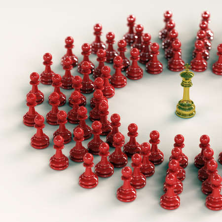 High quality 3D render of golden chess king encircled by over fifty red pawns. Superb reflections and medium depth of field over bright surface.の写真素材