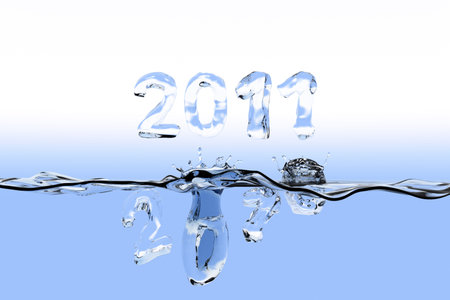 Water surface with the numbers 2010 splashing into the water and 2011 staying over the surface. The...