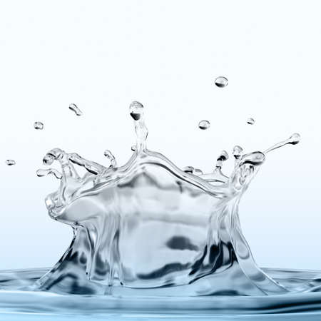 Close-up of a water splash producing a crown and ripples. Detailed 3D-render with blue light.の写真素材