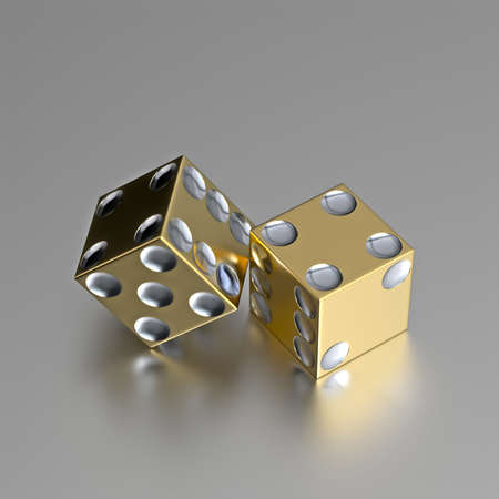 Render of two right handed golden casino dice with silver eyes. Layout is accurate and razor border of these golden dice is also casino style with realistic materials on a slightly reflective metallic surface.の写真素材