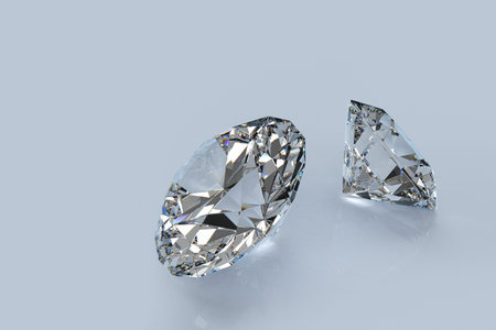 3D-render of two perfect cut diamonds with refraction and diffusion showing the fire of the gems.