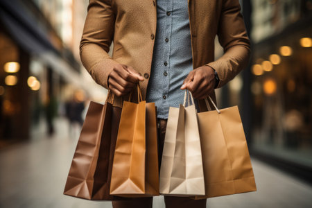 Cropped image of a young man holding shopping bags in the cityの素材