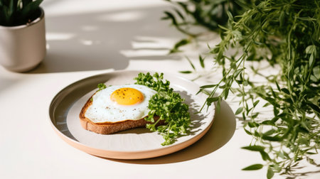 Fried egg on toast with herbs on a white plate on a light backgroundの素材