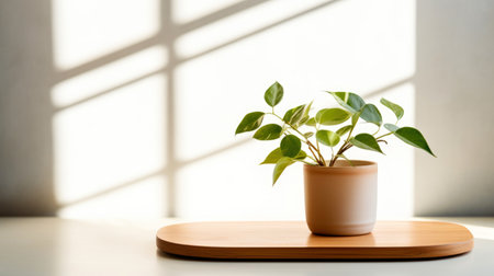 Ficus, plant in a ceramic pot on a wooden table with sunlight.の素材