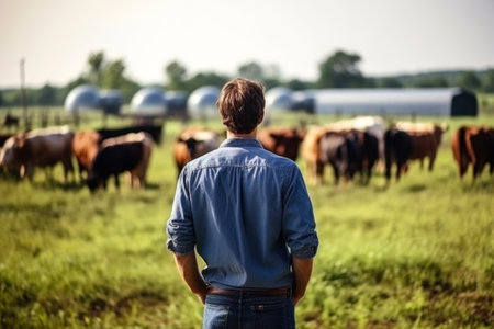 Farmer standing in front of herd of cows and looking at cameraの素材