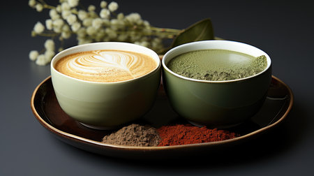 A cup of matcha latte or matcha green tea with milk and powder.の素材