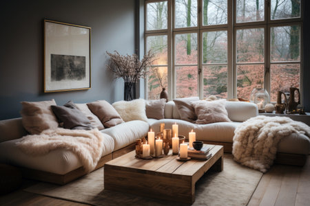 Cozy living room interior with cozy sofa, coffee table, candles and booksの素材