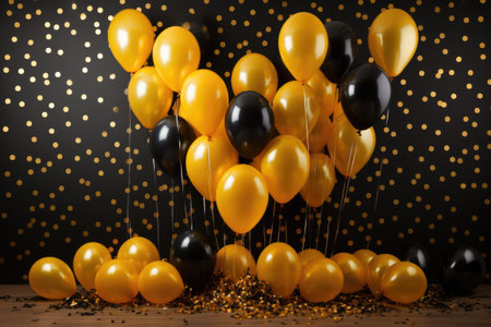 Black and yellow balloons with gold confetti on black background. 3d renderingの素材