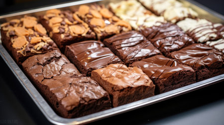 Chocolate brownies with different fillings on a metal tray.の素材