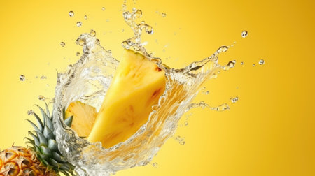Pineapple fruit in water splash on yellow background with copy spaceの素材