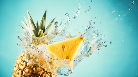 Pineapple fruit with water splash on blue background. Healthy food concept.の素材