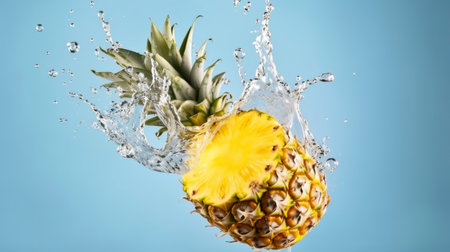 Pineapple with water splash on blue background. Healthy food concept.の素材