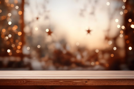 Wooden table in front of blurred Christmas background with bokeh lightsの素材
