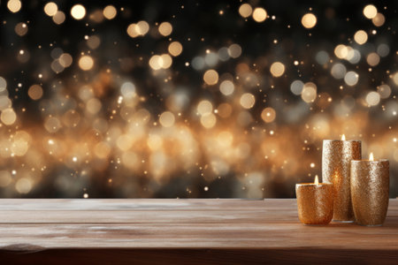 Christmas background with burning candles on wooden table and bokeh lightsの素材