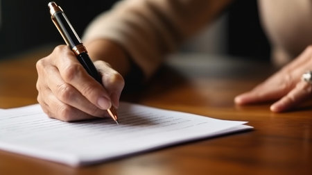 Close up of female hand signing contract. Close up of businesswoman hand signing document. Business conceptの素材