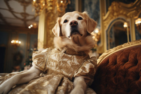 Golden retriever dog in a golden dress sitting on a sofa in a luxury room.の素材