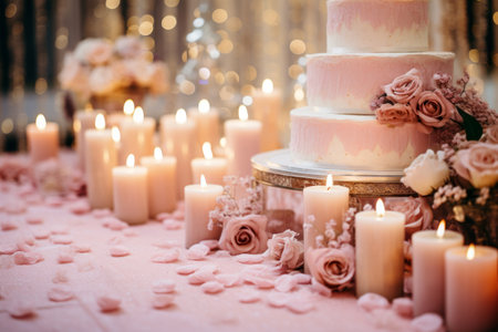 Wedding cake decorated with roses and candles in the background.の素材