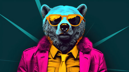 Fashionable bear in jacket and sunglasses on abstract background. 3D illustration.の素材