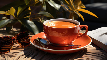 Cup of coffee with book and sunglasses on table, closeupの素材