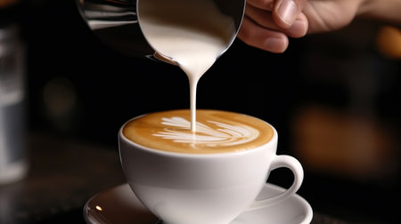 Barista pouring milk into cup of coffee in cafe, closeupの素材