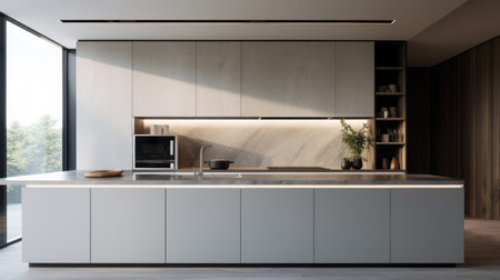 Interior of modern kitchen with white and wooden walls, concrete floor, white cupboards and gray countertops. 3d renderingの素材