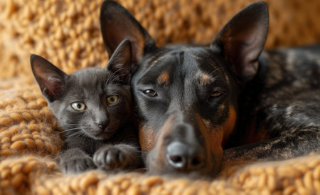 Cute little kitten and doberman dog lying together on knitted blanketの素材