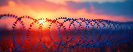 Fence with barbed wire against the background of the sunset.の素材