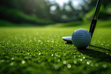 Golf ball and golf club on green grass with bokeh backgroundの素材