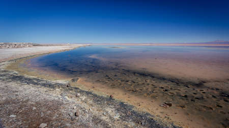 Beautiful Lanscape of Dark salt lagoon colored by the microbiotic algae.の写真素材