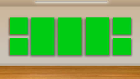 blank frames on green wall and wooden floor - interior galleryの写真素材