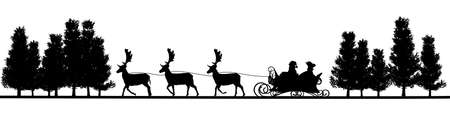 Christmas panorama - Santa Claus, sleigh, reindeers, trees - silhouetteの写真素材