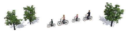 Cycling family, cyclist, trees, isolated on white backgroundの写真素材
