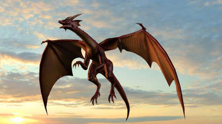 Flying dragon - isolated on a sky background in sunsetの写真素材