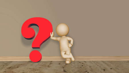 question mark in red colour with 3D people on wooden floor leaned against the wall - 3D illustrationの写真素材