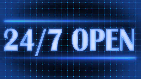 24 hours 7 days sign with lettering OPEN and graphic elements - neon style in blue color on black background - 3D illustrationの写真素材