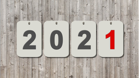 New Year 2021 - Year change - single Numbers on plates over a wooden background - 3D illustration
