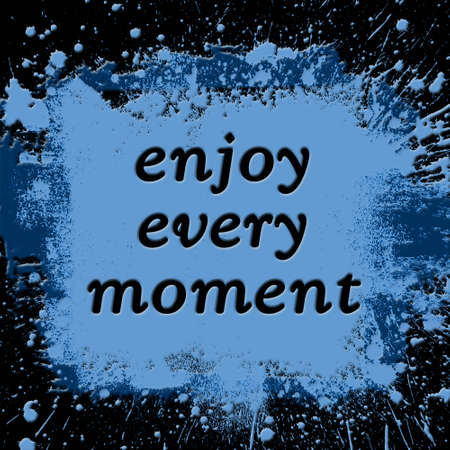 Greeting card with ENJOY EVERY MOMENT lettering - big blue water splash on square black background - 3D illustrationの写真素材