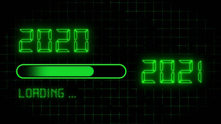 Year change 2021 - progress bar showing loading of the New Year - dotted grid in front of black...