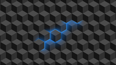 Abstract background - wall of isometric cubes in gray color with partially translucent neon light -...